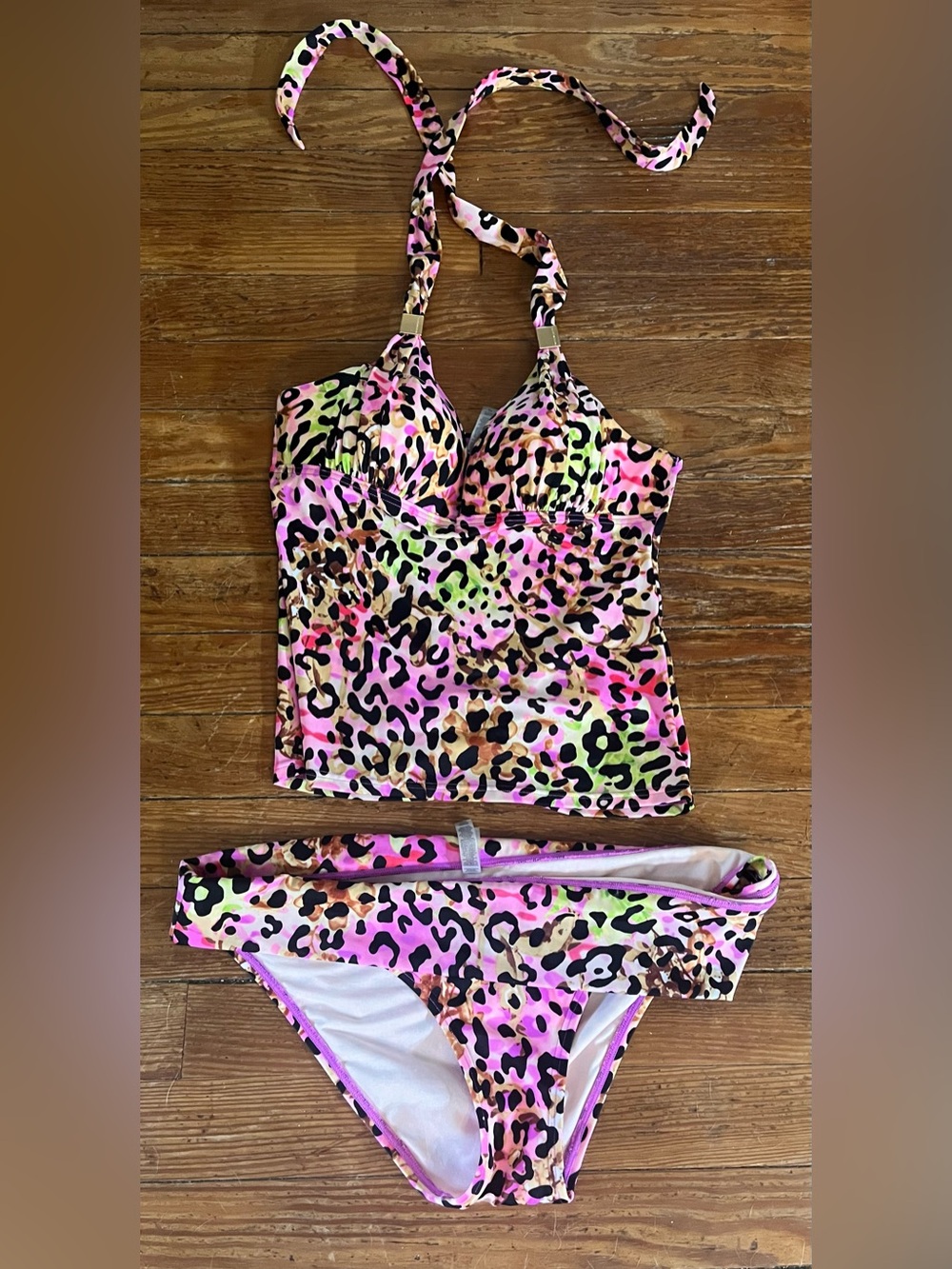 Victoria Secret Neon Leopard Print Tankini Set - Pink, Green & Brown